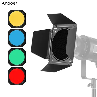 Andoer Photography Light Barn Door Barndoor Kit with Honeycomb Grid 4pcs Color Filters for 7 Inch