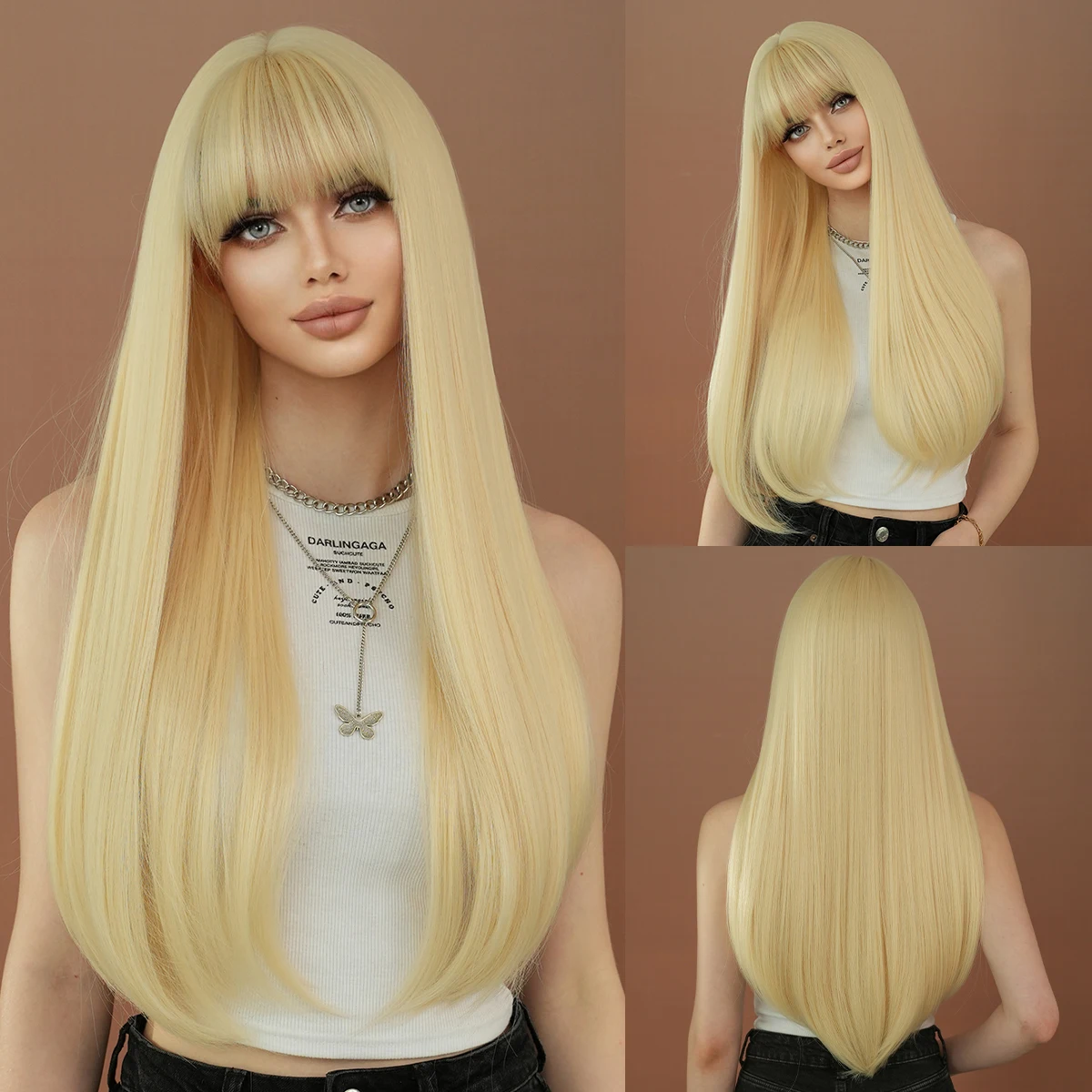 NAMM Costume Wig High Density Synthetic Long Straight Blonde Wig For Women Heat Resistant Daily Party Cosplay With Neat Bangs