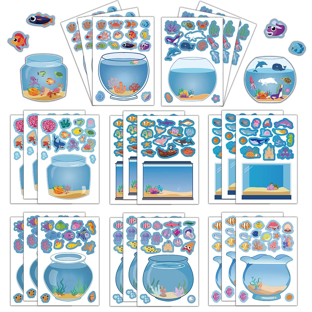 8/16PCS Creative Fish Tank Puzzle Sticker Handmade DIY Notebook Desktop Creative Decoration Waterproof Sticker