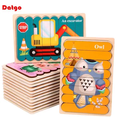 Kids New Wooden Two-sided Strip 3D Puzzles Wood Vehicle Fruit Jigsaw Puzzle Toy for Children Baby