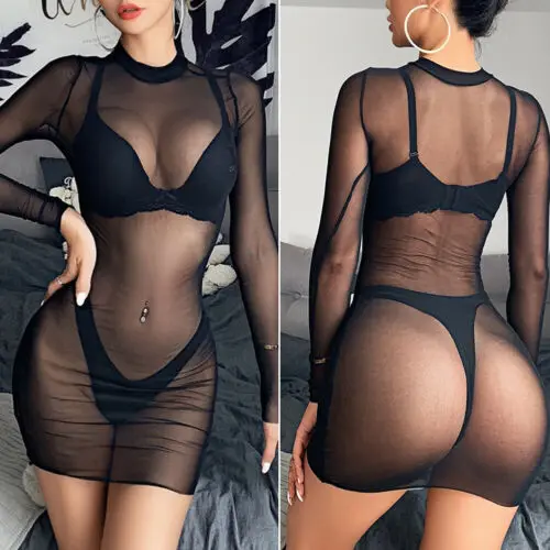 Women Sexy See Through Cover Up Swimwear Mesh Sheer Bikini Long Sleeve Beach Dress Summer Party Bathing Suit