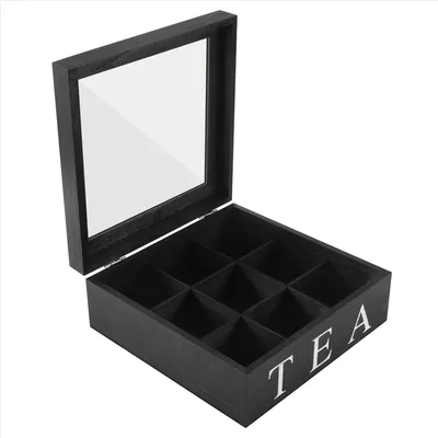 Wooden 9 Grids Tea Box Tea Bags Container Storage Box Square Box Case Transparent Top Lid Jewelry