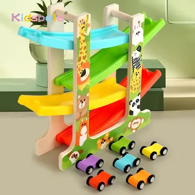 Kids Four-layer Wooden Gliders Montessori Inertia Track Car Toys Animal And Traffic Theme Early