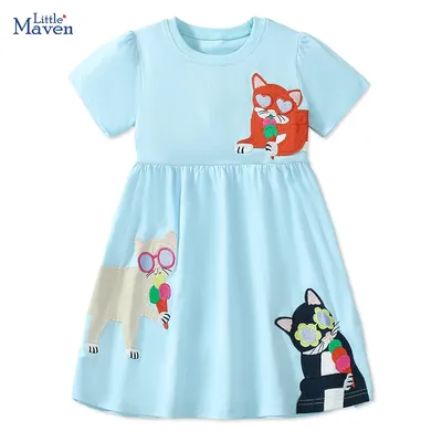 Little maven 2025 New Summer Children's Clothing Cartoon Casual Cats Applique Baby Girls Dresses
