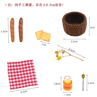 9Pcs Dollhouse Mini Bread Basket Dessert Honey Picnic Cloth Artificial Flowers Model Furniture