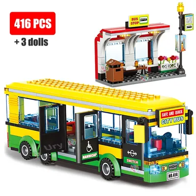City Car Yellow Passenger School Bus Station Single-Deck Public Set Figures Model Building Blocks