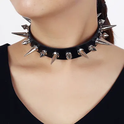 Punk Long Spike Choker Faux Leather Collar for Women Men Cool Big Rivets Studded Chocker Goth Style