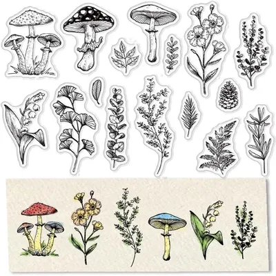 1Sheet Mushroom Clear Stamps for Card Making Decoration Scrapbooking Supplies Pine Cones Stamps Flower Lily Ginkgo Leaves