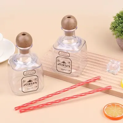 375ml Mini Tequila Bottles Acrylic Reusable Cups With Straw Hole Small Patron Bottles Empty For Drinking