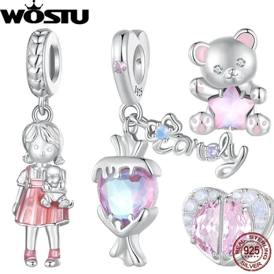 WOSTU 925 Sterling Silver Pink Girlish Sweet Heart Charms Lovely Candy Bear Beads Fit Original