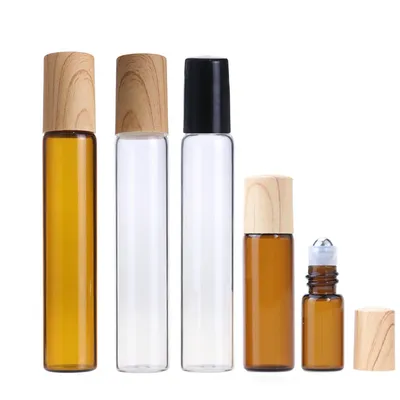 5PCS Glass Essential Oils Roller Bottles 1/2/3/5/10ml Amber / Clear Roll on Vials Plastic Caps Lids