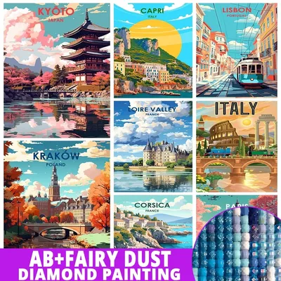 Fairy Dust AB Cartoon City Scenery Diamond Painting Kits Paris Korea Italy Rhinestone Mosaic