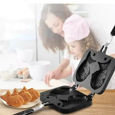Kitchen Japanese Taiyaki Double Fish Shaped Hot Dessert Waffle Cake Maker Pan Japanese Pancake