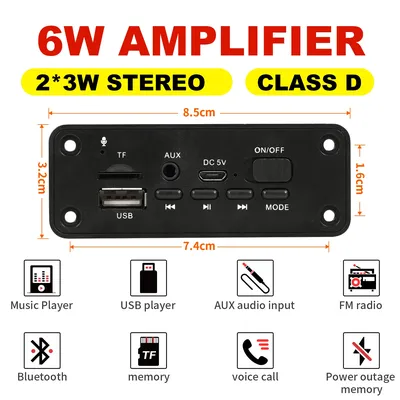 2*3W 6W Amplifier 5V MP3 Decoder Board Bluetooth 5.0 Stereo Audio DIY Car MP3 Player FM Radio TF USB
