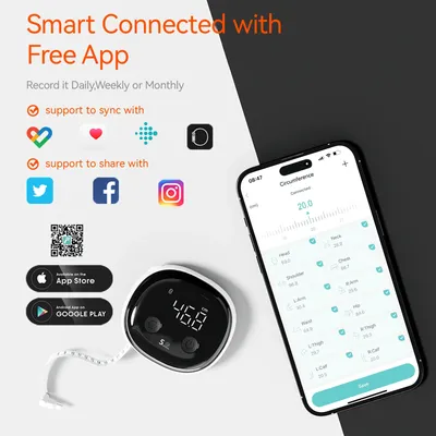 Fitdays Smart Body Tape Measure,Retractable Bluetooth Fitdays APP Monitoring Body Fat BMI Tool for