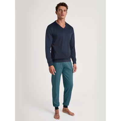 Schlafanzug CALIDA "Relax Streamline 1", Herren, Gr. L (52/54), blau (bright blau), Interlock, Obermaterial: 100% Baumwolle, casual, lang, V-Ausschnitt, Langarm angesetztes Bündchen, Homewear-Sets, Kontrastverarbeitung an Kragen & Brusttasche Image