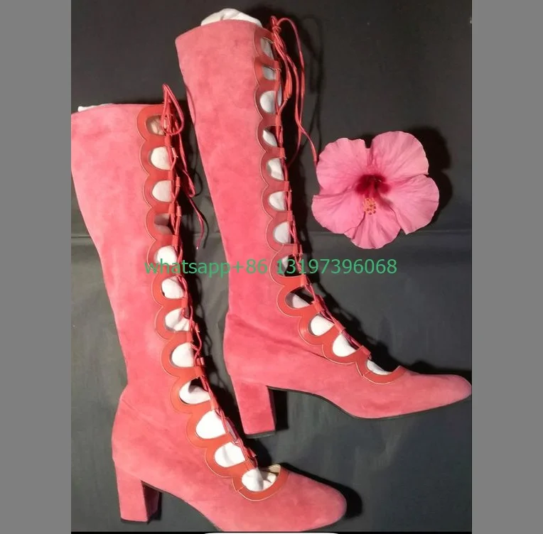 Dame rosa Wildleder klobigen Absatz Mary Janes Stiefel aus geschnittenes Design elegante Knies tiefel hohle Schuhe Party rosa Kleid Stiefel Größe 35-46
