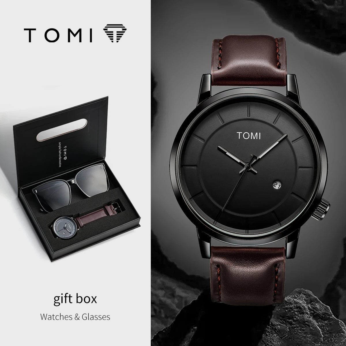TOMI nouveau 2 pièces décontracté mode hommes montre coffret cadeau de luxe rond grand cadran calendrier hommes montre à Quartz lunettes boîte-cadeau
