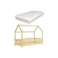 Lit Pour Enfant Cabane Maison Avec Matelas Barrière Et Sommier À Lattes En Bois De Pin Naturel 70 X 140 Cm 03_0005481