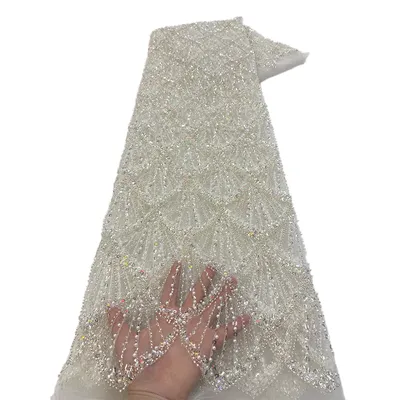 African Sequence Embroidery Tulle Sewing Glitter Sequins And Bead Tube Lace Fabric Lightweight