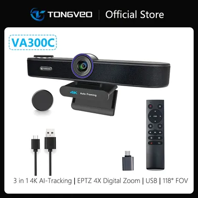 4K Webcam with Microphones and Speaker TONGVEO 4X Digital Zoom AI Auto Framing ePTZ Video