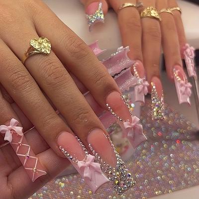 TEMU 24pcs Pink French Long Square Fake Nails With 3d Rhinestones & Bows - Super Long Glossy Press-on Nails For Women & S, & Special Occasion Nail Art, Festive Manicure, Detailed Embellishments, Image
