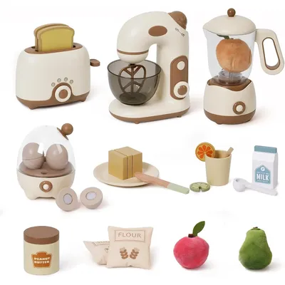 Robotime Robud Kids Toy Kitchen Set Wooden Play Kitchen Appliances with Toaster Mixer Blender