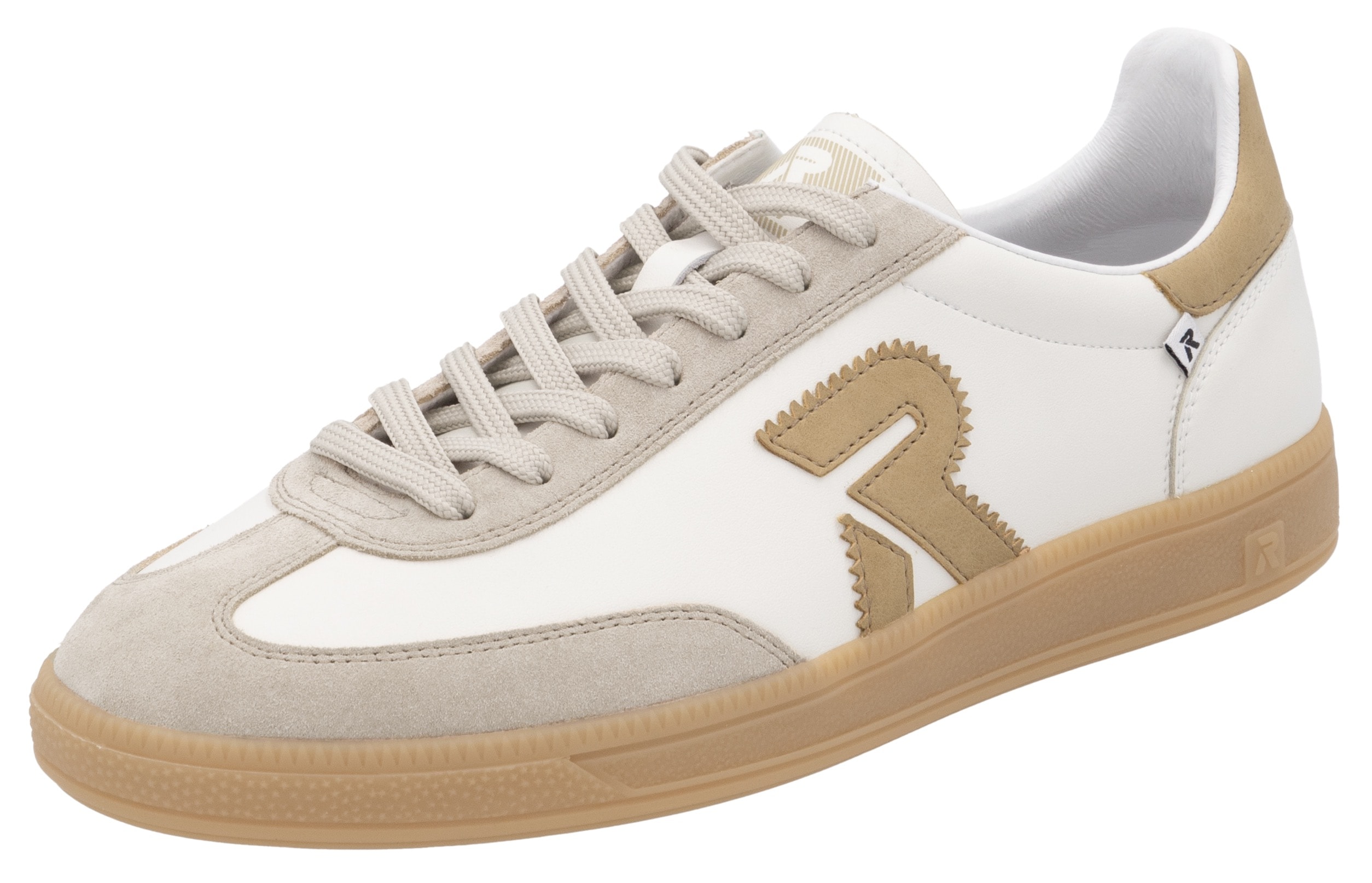 Sneaker RIEKER SPORT "San Diego Swing2GO", Herren, Gr. 46, beige (weiß, sand), Leder, Veloursleder, kontrastfarbene Details, Schuhe Sneaker, Retro-Sneaker aus der neuen Christoph Kramer Kollektion