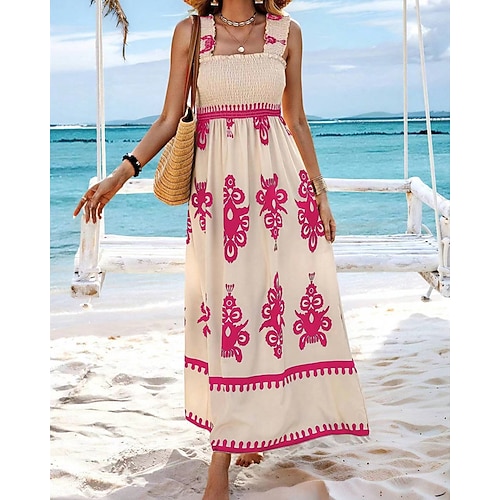 Damen kleid lang Casual kleid A Linie Kleid Sommerkleid Boho-Kleid Böhmen Hawaiianisch Stilvoll Urlaub Täglich Verabredung Regular Fit Graphic Ärmellos Quadratischer Ausschnitt Schwarz Rosa Rote Grün Image