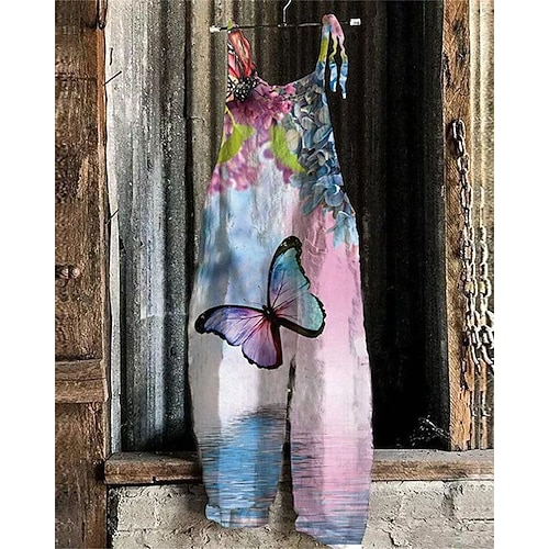 Damen Hosen Hose Overall Jumpsuit Leicht Lässig Knöchellang Mittlere Hüfthöhe Blumen Grafik Drucken Atmungsaktivität Bequem Unelastisch Heim Alltagstauglich Weinrot Azurblau Fluss-Blau Weiß Sommer Image