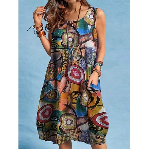 Damen Minikleid Baumwoll Mischung Shiftkleid Sommerkleid Freizeitkleid Lässig Täglich Urlaub Normale Passform Abstrakt Ärmellos Rundhalsausschnitt Grün Sommer Image