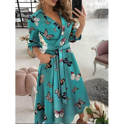 Damen Midikleid Casual kleid A Linie Kleid Stilvoll Brautkleider schlicht Urlaub Täglich Regular Fit Graphic Geometrisch 3/4 Ärmel V Ausschnitt Schwarz Weiß Blau Grün Sommer Image