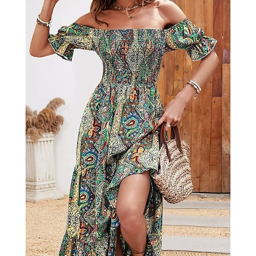 Damen Langes Kleid Maxikleid A Linie Kleid Sommerkleid Boho-Kleid Elegant Bohemien Stilvoll Urlaub Täglich Date Normale Passform Grafik Kurzarm Schulterfrei Grün Dunkelblau Sommer Image