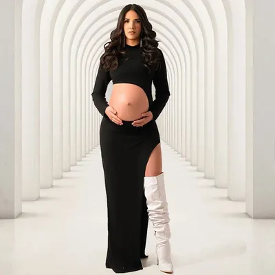 Maternity Photography Dresses Long Sleeve Mock Neck Side Split Showing Belly Pregnant Sexy Gown For