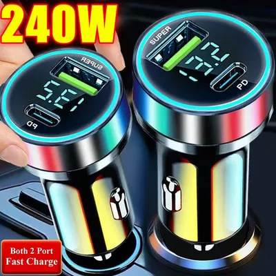 240W Car Charger Dual USB Ports 120W Super Fast Charging with Digital Display Quick Charging Adapter