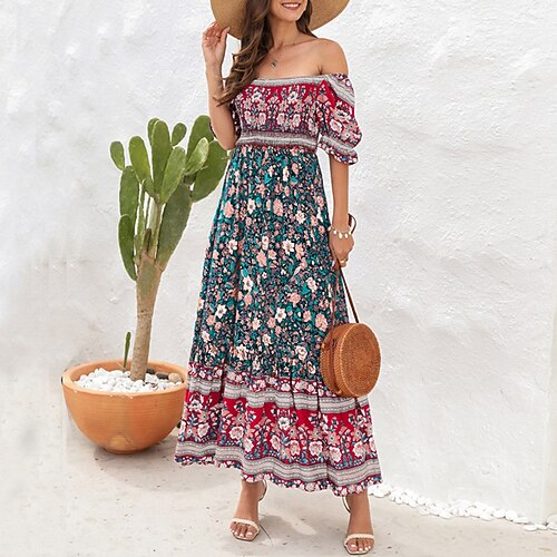 Per donna Abito lungo Abito lungo Abito casual Abito linea A Abito estivo Abito boho Elegante Moda Etnico Da mare Giornaliero Appuntamento Standard Floreale Manica corta Senza spalline Verde chiaro