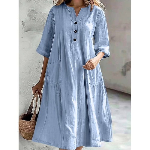 Per donna Abito Midi Abiti in cotone e lino Essenziale Casual Vacanza Quotidiano Vestibilità regolare Semplice Manica 3/4 Collo a V Nero Rosso Viola Azzurro Estate