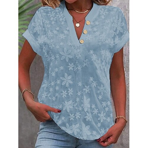 Per donna Camicia Blusa Tinta unica Moda Informale Manica corta Collo dentellato Top regolari Giornaliero Pizzo Collage Bottoni Nero Bianco Blu Cachi Estate