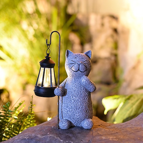 Statua da giardino solare, statuina di gatto, arte da giardino luminosa con lanterna solare, gatto amorevole per patio, balcone, cortile, regalo unico per l'inaugurazione della casa per il giardino, mamma, nonna