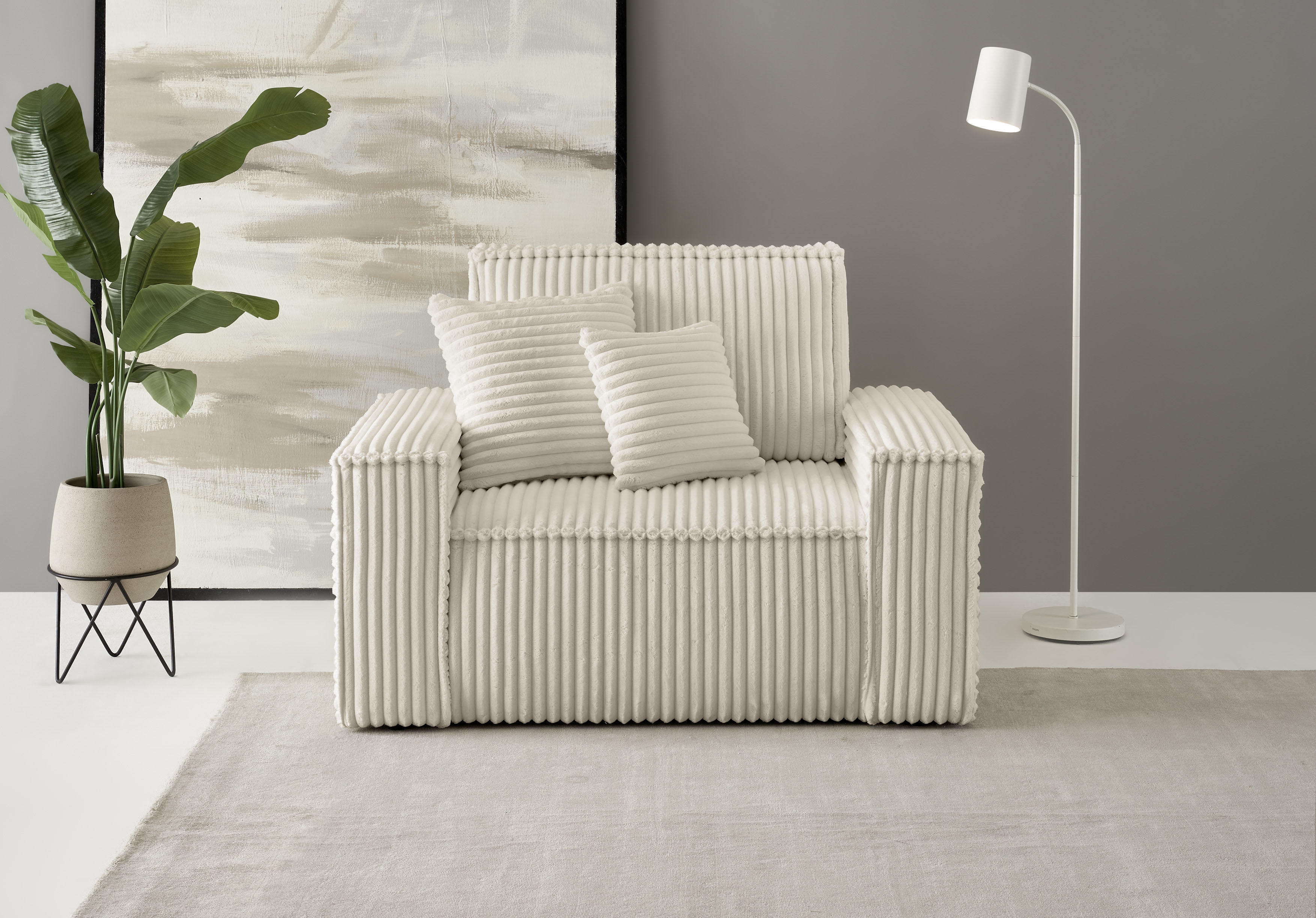 Loveseat OTTO HOME "FINNLEY, XXL-Sessel, Lesesessel, trendige Stoffe, inkl. Zierkissen", beige (creme), B:120cm H:85cm T:86cm, Bezugstoff 100% PES ;Gramatur 400g/qm +/- 5%, Sessel, verfügbar in den Stoffqualitäten Bouclé, Struktur fein und Mega Cord