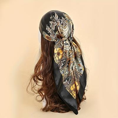 TEMU A 90*90cm Vintage Paisley Printed Scarf, An Elegant Satin Square Scarf, Resembling, As A Women's Hair Accessory. Image