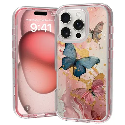 Fit iPhone 16 Pro 6.3, 3 in 1 butterfly Flower Pattern Full Body PC+TPU Shockproof Protective Case For iPhone 16 Pro max 6.9"
