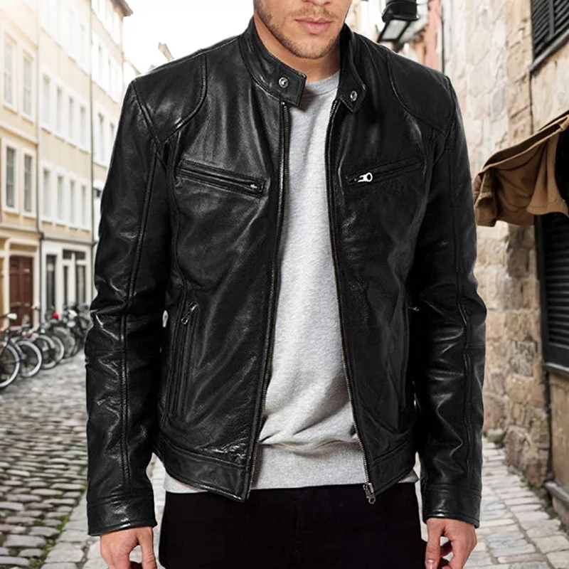 2025 männer Motorrad Leder Jacke Bomber Motorrad Biker Pu Leder Casual Mode Slim Fit Mantel Frühling Anti-wind mantel Männlich Image