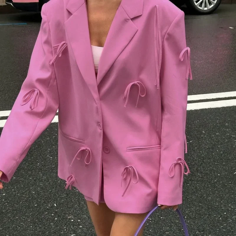 Elegante Frauen Anzug Blazer Top Y2K Mode Ins Herbst rosa Schleife Langarm Einreiher Tasche Jacke Mantel Streetwear Outwear