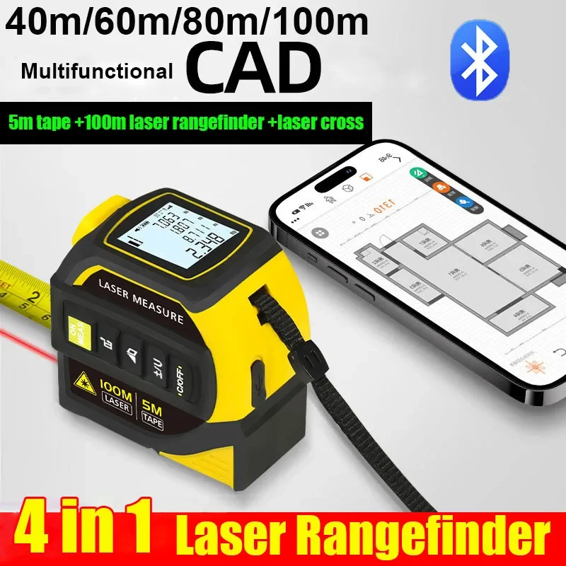 4-in-1-Laser-Entfernungsmesser, Bluetooth, 5 m, Stahlband-Entfernungsmesser, 40 m/60 m/80 m/100 m Laser-Messgerät für den Innenbereich, Laser-Lineal Image