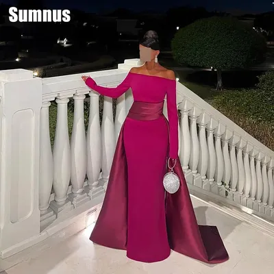 SUMNUS Formal Contrast Color Satin Evening Prom Gowns Mermaid Party Dresses Floor-Length Long Sleeves Party Dresses Customized