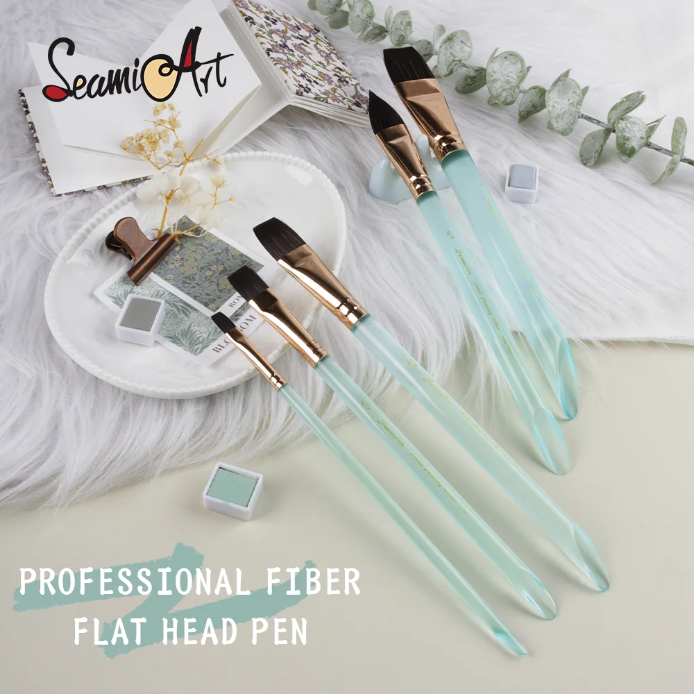 SeamiArt 1 Stück flacher Nylonhaar-Kristallgriff, Künstler-Malpinsel für Aquarell, Gouache, Acryl, Öl, Kunstbedarf Image