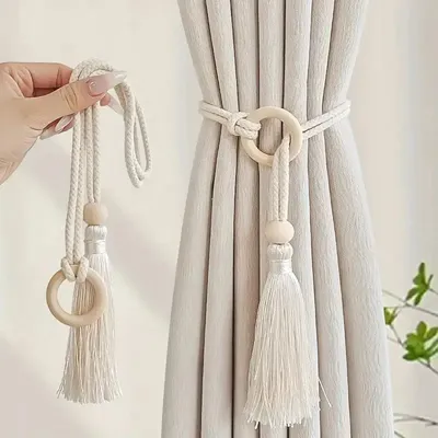 2pcs Bohemian Chic adjustable cotton cord curtain tie fringe - hand woven, log loop curtain buckle