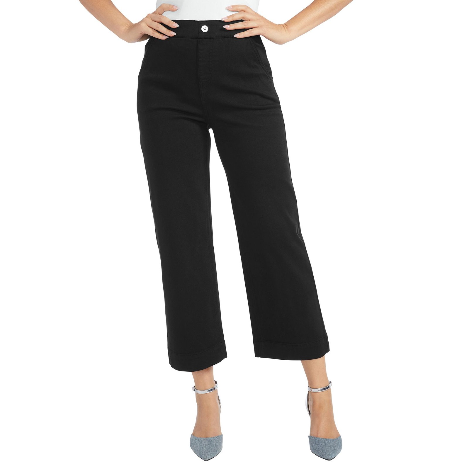 Masseys Cropped Wide-Leg Pant (Size 18W) Black, Cotton,Polyester,Spandex