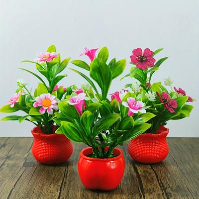 TEMU 3pcs Mini Artificial Potted Plants With Vibrant Red Pots - Lifelike Floral Arrangements For Home, Office, Kitchen, Wedding Decor - Valentine's Day, Day, 's Day, And Grandparents Day Image